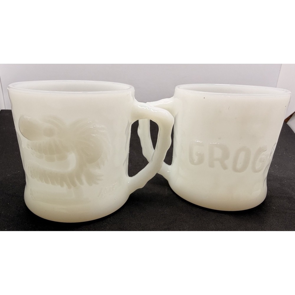 1970's BC Comics Johnny Hart Grog The Caveman Coffee Mug Lot of 2 Milk Glass